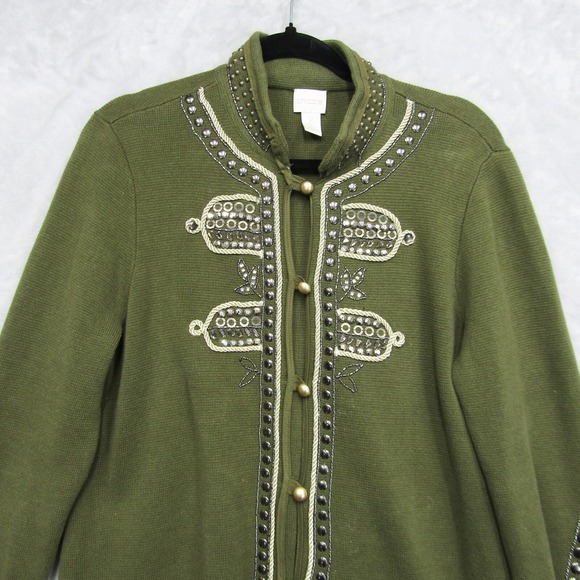 Chicos Sweater 2 Large Green Military Style Embellished Beaded Jacket Cardigan - Picture 3 of 12